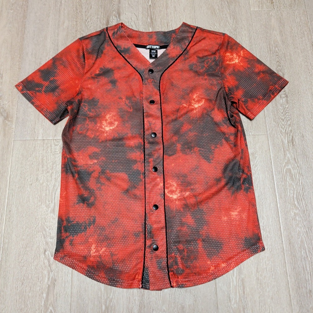 Hot Topic Baseball Jersey Mens Small Red Black Excellent Tie Dye Mesh‎ Button Up